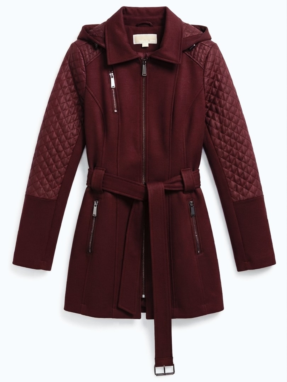 MICHAEL Michael Kors Quilted-Sleeve Belted Trench Coat - Burgundy